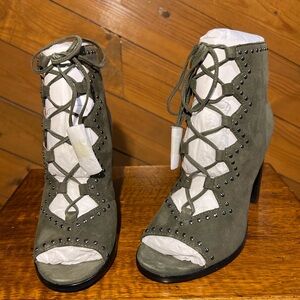 Studded Olive Lace-Up Heeled Boots